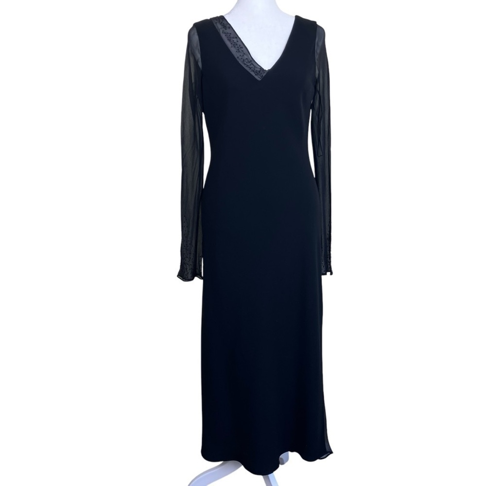 Jones New York Vintage Elegant Black Silk Trim Midi Dress V Neck Beaded Cocktail